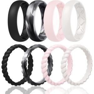Egnaro Women’s Bridal Rings Sets, Inner Arc Ergonomic Breathable Design Silicone Rubber Wedding Bands(SETA5-Black Black Glamour  Pink Sand  Ivory)