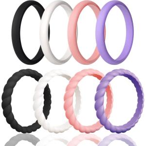 Egnaro Women’s Bridal Rings Sets, Inner Arc Ergonomic Breathable Design Silicone Rubber Wedding Bands(SETA7-Black  Ivory  Faint Red  Ultra Violet)