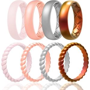 Egnaro Women’s Bridal Rings Sets, Inner Arc Ergonomic Breathable Design Silicone Rubber Wedding Bands(SETA8-Bright Bronze  Metallic Silver  Light Rose Gold  Pink Sand)