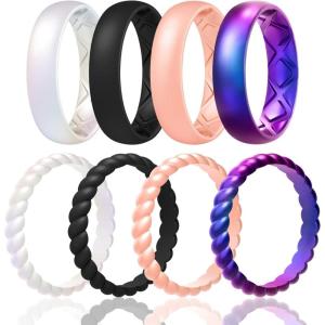 Egnaro Women’s Bridal Rings Sets, Inner Arc Ergonomic Breathable Design Silicone Rubber Wedding Bands(SETB2-Black  Light Rose Gold  Galaxy  Pearl)