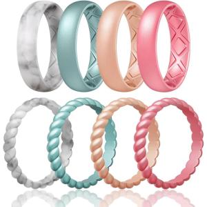 Egnaro Women’s Bridal Rings Sets, Inner Arc Ergonomic Breathable Design Silicone Rubber Wedding Bands(SETB3-Marble  Metallic Blue  Light Rose Gold  Metallic Pink)