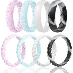 Egnaro Women’s Bridal Rings Sets, Inner Arc Ergonomic Breathable Design Silicone Rubber Wedding Bands(SETB5-Light Pink Sparkle  Light Green Sparkle  White  Black Gray Camo)