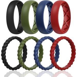 Egnaro Women’s Bridal Rings Sets, Inner Arc Ergonomic Breathable Design Silicone Rubber Wedding Bands(SETB7-Black  Olive Green  Dark Blue  Red)