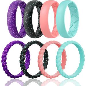 Egnaro Women’s Bridal Rings Sets, Inner Arc Ergonomic Breathable Design Silicone Rubber Wedding Bands(SETB8-Purple Sparkle  Black Sparkle  Faint Red  Mint Green)