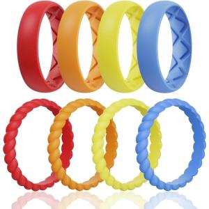 Egnaro Women’s Bridal Rings Sets, Inner Arc Ergonomic Breathable Design Silicone Rubber Wedding Bands(SETD1-Red  Orange  Yellow  Blue)