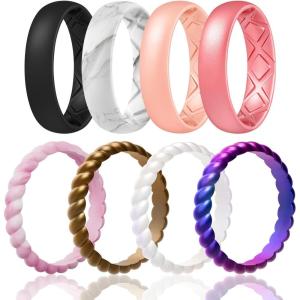 Egnaro Women’s Bridal Rings Sets, Inner Arc Ergonomic Breathable Design Silicone Rubber Wedding Bands(SETD2-Black  Marble  Light Rose Gold  Metallic Pink  Pink Camo  Bronze  Bright Pearl  Galaxy)