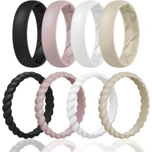 Egnaro Women’s Bridal Rings Sets, Inner Arc Ergonomic Breathable Design Silicone Rubber Wedding Bands(SETD4-Royal Black  Bright Peach  Princess White  Cream Beige  Cloudy Pink)