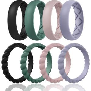 Egnaro Women’s Bridal Rings Sets, Inner Arc Ergonomic Breathable Design Silicone Rubber Wedding Bands(SETD6-Black  Green  Bright Peach  Cloudy Blue)