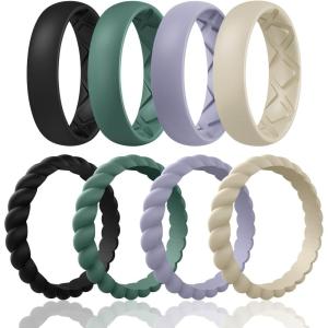Egnaro Women’s Bridal Rings Sets, Inner Arc Ergonomic Breathable Design Silicone Rubber Wedding Bands(SETD7-Black  Green  Cloudy Blue  Cream Beige)