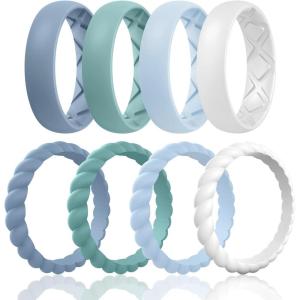 Egnaro Women’s Bridal Rings Sets, Inner Arc Ergonomic Breathable Design Silicone Rubber Wedding Bands(SETD8-Blue  Light Green  Light Blue  White)