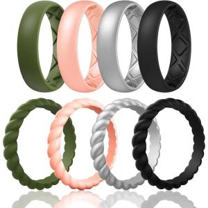 Egnaro Women’s Bridal Rings Sets, Inner Arc Ergonomic Breathable Design Silicone Rubber Wedding Bands(SETE2-Olive Green  Light Rose Gold  Metallic Silver  Black)