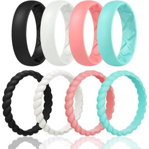 Egnaro Women’s Bridal Rings Sets, Inner Arc Ergonomic Breathable Design Silicone Rubber Wedding Bands(SETE6-Black  Ivory  Faint Red  Mint Green)