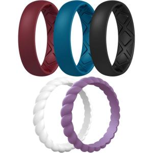 Egnaro Women’s Bridal Rings Sets, Inner Arc Ergonomic Breathable Design Silicone Rubber Wedding Bands(SETF2-Maroon  Blue Jewel  Black  White  Orchid Haze)