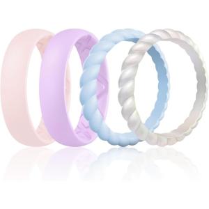 Egnaro Women’s Bridal Rings Sets, Inner Arc Ergonomic Breathable Design Silicone Rubber Wedding Bands(SETG2-White  Lilac Purple  Light Blue  Metallic Pearl White)