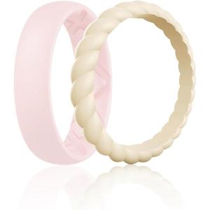 Egnaro Women’s Bridal Rings Sets, Inner Arc Ergonomic Breathable Design Silicone Rubber Wedding Bands(SETH2-White  Nude)