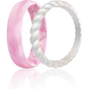 Egnaro Women’s Bridal Rings Sets, Inner Arc Ergonomic Breathable Design Silicone Rubber Wedding Bands(SETH3-Pink Camo  Metallic Pearl White)