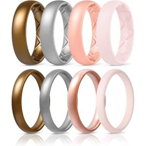 Egnaro Women’s Bridal Rings Sets, Thin and Stackable Rings Silicone Women Wedding Bands，Rubber Promise Rings for Gift, Anniversary Ring for Work Out- 2.5mm Width – 1.8mm Thick(SETA-Bronze  Metallic Silver  Light Rose Gold  Pink Sand)