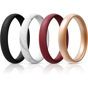 Egnaro Women’s Bridal Rings Sets, Thin and Stackable Rings Silicone Women Wedding Bands，Rubber Promise Rings for Gift, Anniversary Ring for Work Out- 2.5mm Width – 1.8mm Thick(SETN-Black Marble Maroon Rose Gold)