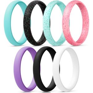 Egnaro Women’s Bridal Rings Sets, Thin and Stackable Rings Silicone Women Wedding Bands，Rubber Promise Rings for Gift, Anniversary Ring for Work Out- 2.5mm Width – 1.8mm Thick(SETT-Light Green  Black Green Flashing  Green Flashing  Pink Flashing  Purple  White  Pure Black)