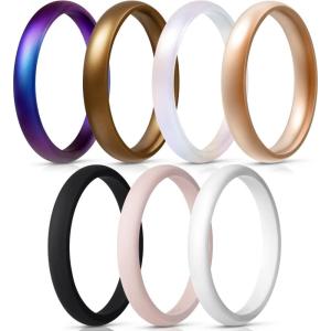 Egnaro Women’s Bridal Rings Sets, Thin and Stackable Rings Silicone Women Wedding Bands，Rubber Promise Rings for Gift, Anniversary Ring for Work Out- 2.5mm Width – 1.8mm Thick(SETB2-Matte Galaxy Bronze Matte Pearl Rose Gold Black Pink Sand White)