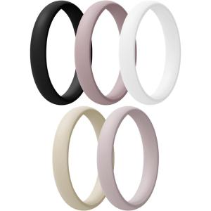 Egnaro Women’s Bridal Rings Sets, Thin and Stackable Rings Silicone Women Wedding Bands，Rubber Promise Rings for Gift, Anniversary Ring for Work Out- 2.5mm Width – 1.8mm Thick(SETC3-Royal Black  Bright Peach  Princess White  Cream Beige  Cloudy Pink)