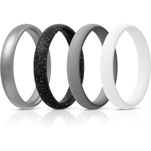 Egnaro Women’s Bridal Rings Sets, Thin and Stackable Rings Silicone Women Wedding Bands，Rubber Promise Rings for Gift, Anniversary Ring for Work Out- 2.5mm Width – 1.8mm Thick(SETD2-Metallic Silver  Black Sparkle  Light Gray  White)
