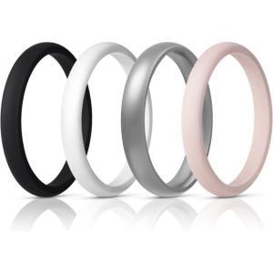 Egnaro Women’s Bridal Rings Sets, Thin and Stackable Rings Silicone Women Wedding Bands，Rubber Promise Rings for Gift, Anniversary Ring for Work Out- 2.5mm Width – 1.8mm Thick(SETE-Black Gray White Silver Pink Sand)