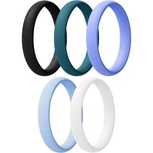 Egnaro Women’s Bridal Rings Sets, Thin and Stackable Rings Silicone Women Wedding Bands，Rubber Promise Rings for Gift, Anniversary Ring for Work Out- 2.5mm Width – 1.8mm Thick(5-White  Emerald Green  light purple-blue  sky blue  Black)