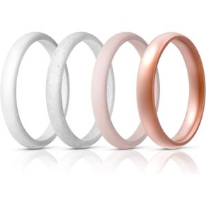 Egnaro Women’s Bridal Rings Sets, Thin and Stackable Rings Silicone Women Wedding Bands，Rubber Promise Rings for Gift, Anniversary Ring for Work Out- 2.5mm Width – 1.8mm Thick(SETF-White Silver White Pink Rose Gold)