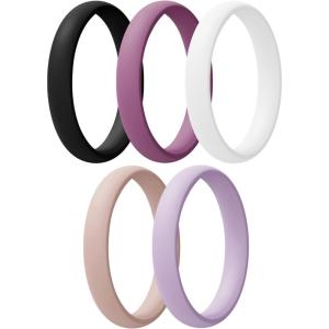 Egnaro Women’s Bridal Rings Sets, Thin and Stackable Rings Silicone Women Wedding Bands，Rubber Promise Rings for Gift, Anniversary Ring for Work Out- 2.5mm Width – 1.8mm Thick(A5-Black  Orchid Haze  White  Light Pink  Light Purple)