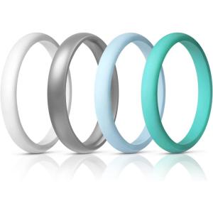 Egnaro Women’s Bridal Rings Sets, Thin and Stackable Rings Silicone Women Wedding Bands，Rubber Promise Rings for Gift, Anniversary Ring for Work Out- 2.5mm Width – 1.8mm Thick(SETG-White Silver Light Blue Light Green)