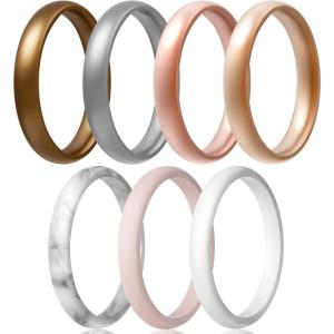 Egnaro Women’s Bridal Rings Sets, Thin and Stackable Rings Silicone Women Wedding Bands，Rubber Promise Rings for Gift, Anniversary Ring for Work Out- 2.5mm Width – 1.8mm Thick(3-Bronze White Silver Light Pink Marble Rose Gold Light Rose Gold)