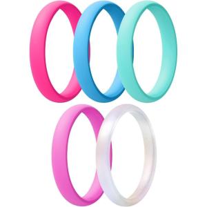 Egnaro Women’s Bridal Rings Sets, Thin and Stackable Rings Silicone Women Wedding Bands，Rubber Promise Rings for Gift, Anniversary Ring for Work Out- 2.5mm Width – 1.8mm Thick(SETA1-Blush Pink  Chill Blue  Mint Green  Sugar Pink  Metallic Pearl White)