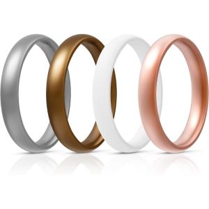 Egnaro Women’s Bridal Rings Sets, Thin and Stackable Rings Silicone Women Wedding Bands，Rubber Promise Rings for Gift, Anniversary Ring for Work Out- 2.5mm Width – 1.8mm Thick(SETD5-Metallic Silver  Bronze  White  Light Rose Gold)