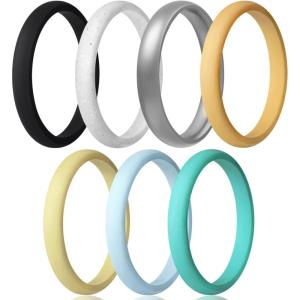 Egnaro Women’s Bridal Rings Sets, Thin and Stackable Rings Silicone Women Wedding Bands，Rubber Promise Rings for Gift, Anniversary Ring for Work Out- 2.5mm Width – 1.8mm Thick(SETD-Black Silver White Silver Glitter Light Orange Light Yellow Light Blue Light Green)