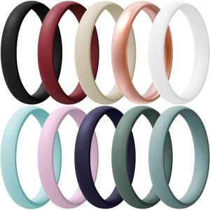 Egnaro Women’s Bridal Rings Sets, Thin and Stackable Rings Silicone Women Wedding Bands，Rubber Promise Rings for Gift, Anniversary Ring for Work Out- 2.5mm Width – 1.8mm Thick(2-Black  Maroon  Cream Beige  Light Rose Gold  White  Light Green  Light Pink  Dark Blue  Green  Cloudy Green)