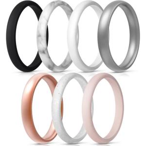 Egnaro Women’s Bridal Rings Sets, Thin and Stackable Rings Silicone Women Wedding Bands，Rubber Promise Rings for Gift, Anniversary Ring for Work Out- 2.5mm Width – 1.8mm Thick(SETC-White Black Silver White Pink Rose Gold Marble White Silver Glitter)