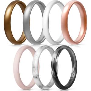 Egnaro Women’s Bridal Rings Sets, Thin and Stackable Rings Silicone Women Wedding Bands，Rubber Promise Rings for Gift, Anniversary Ring for Work Out- 2.5mm Width – 1.8mm Thick(4-Bronze White Silver Light Pink Marble Rose Gold Black Glamour)