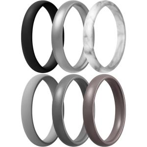 Egnaro Women’s Bridal Rings Sets, Thin and Stackable Rings Silicone Women Wedding Bands，Rubber Promise Rings for Gift, Anniversary Ring for Work Out- 2.5mm Width – 1.8mm Thick(A3-Black  Silver  Marble  Dark silver  Light Gray  Metallic Platinum)