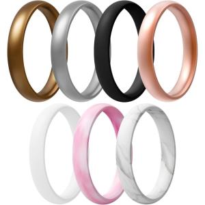 Egnaro Women’s Bridal Rings Sets, Thin and Stackable Rings Silicone Women Wedding Bands，Rubber Promise Rings for Gift, Anniversary Ring for Work Out- 2.5mm Width – 1.8mm Thick(SETC2-Bronze  Metallic Silver  Black  Light Rose Gold  White  Pink Camo  Marble)