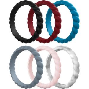 Egnaro Women’s Bridal Rings Sets, Thin and Stackable Rubber Rings Women Wedding Bands – 2.5mm Width – 1.8mm Thick(B3-Black  Crimson  Blue  Whitepink  Marble  Blue Jewel)