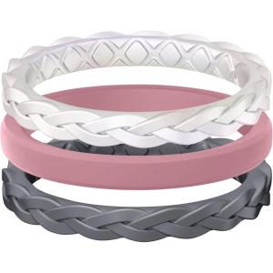 Egnaro Women’s Rings Enhancers, Silicone Thin and Stackable Rubber Wedding Bands, Variety Multipack With Breathable Grooves Workout Accessories(A1-Bright Pearl  Black Gray  Faint Red)