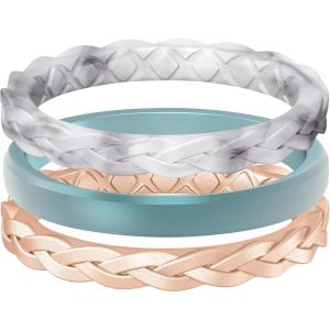 Egnaro Women’s Rings Enhancers, Silicone Thin and Stackable Rubber Wedding Bands, Variety Multipack With Breathable Grooves Workout Accessories(A-Peach  Metallic Blue  Marble)