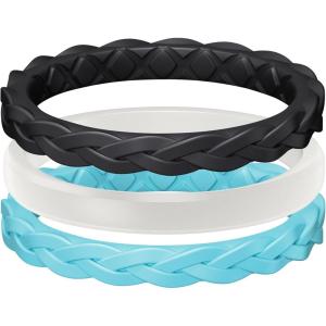 Egnaro Women’s Rings Enhancers, Silicone Thin and Stackable Rubber Wedding Bands, Variety Multipack With Breathable Grooves Workout Accessories(B2-Black  White  Cyan blue)