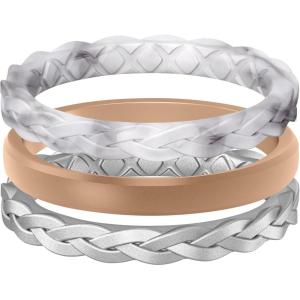 Egnaro Women’s Rings Enhancers, Silicone Thin and Stackable Rubber Wedding Bands, Variety Multipack With Breathable Grooves Workout Accessories(B4-Marble  Rose Gold  Metallic Silver)