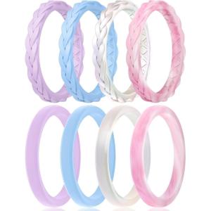 Egnaro Women’s Rings Enhancers, Silicone Thin and Stackable Rubber Wedding Bands, Variety Multipack With Breathable Grooves Workout Accessories(C1-Pink Camo  Lilac Purple  Sky Blue  Metallic Pearl White)