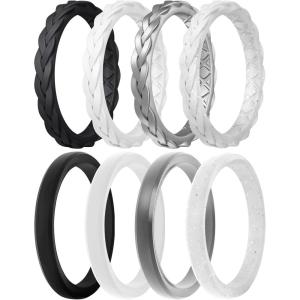 Egnaro Women’s Rings Enhancers, Silicone Thin and Stackable Rubber Wedding Bands, Variety Multipack With Breathable Grooves Workout Accessories(C2-Black  White  Metallic Silver  White Silver Glitter)