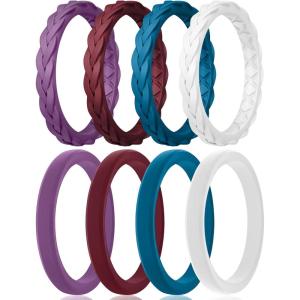 Egnaro Women’s Rings Enhancers, Silicone Thin and Stackable Rubber Wedding Bands, Variety Multipack With Breathable Grooves Workout Accessories(C3-Maroon  Blue Jewel  Orchid Haze  White)