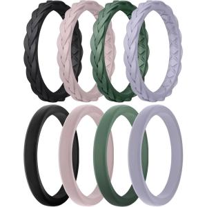 Egnaro Women’s Rings Enhancers, Silicone Thin and Stackable Rubber Wedding Bands, Variety Multipack With Breathable Grooves Workout Accessories(C-Black  Bright Peach  Green  Cloudy Blue)