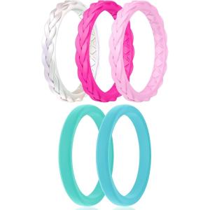 Egnaro Women’s Rings Enhancers, Silicone Thin and Stackable Rubber Wedding Bands, Variety Multipack With Breathable Grooves Workout Accessories(SETC1-Metallic Pearl White  Fairy Pink  Petal Pink  Mint Green  Chill Blue)